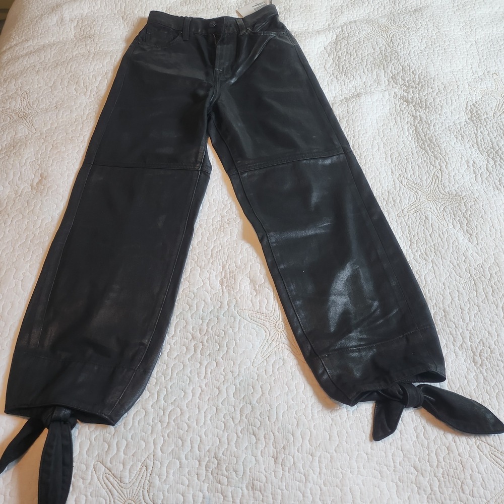 7 For All Mankind Coated Denim Pant Women XS Black Bow Tie Split Cuff Jean